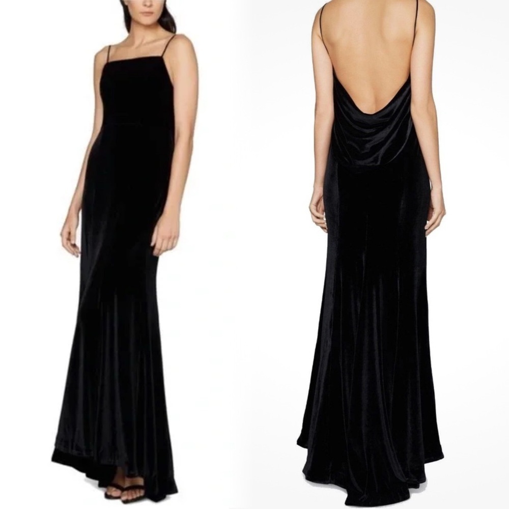 Fame and Partners Black Velvet Cowl Back Gown Strappy Formal Dress